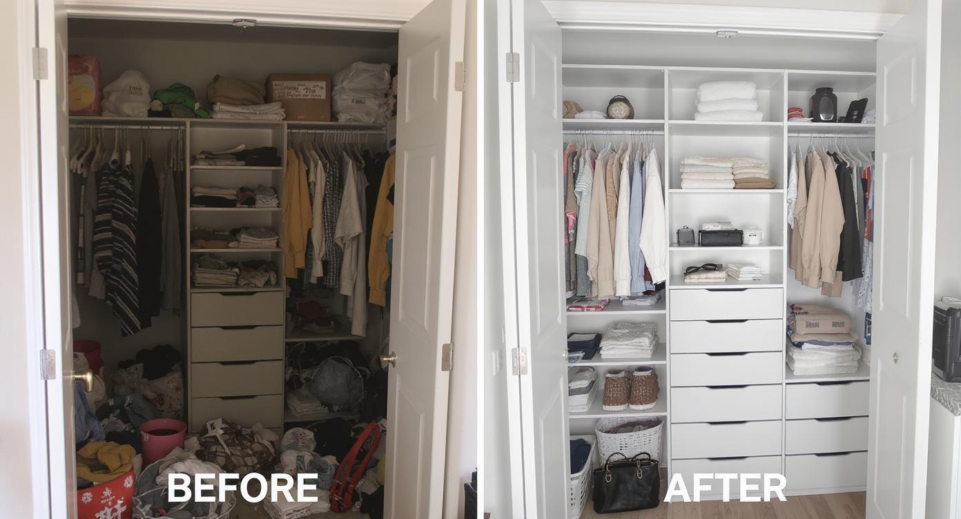 Before and after closet organization showing curated wardrobe