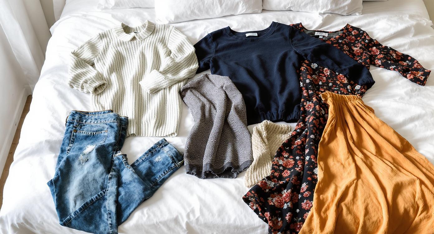 Clothes laid out on a bed for evaluation