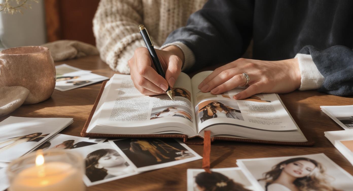 Person writing in a style journal with fashion inspiration around