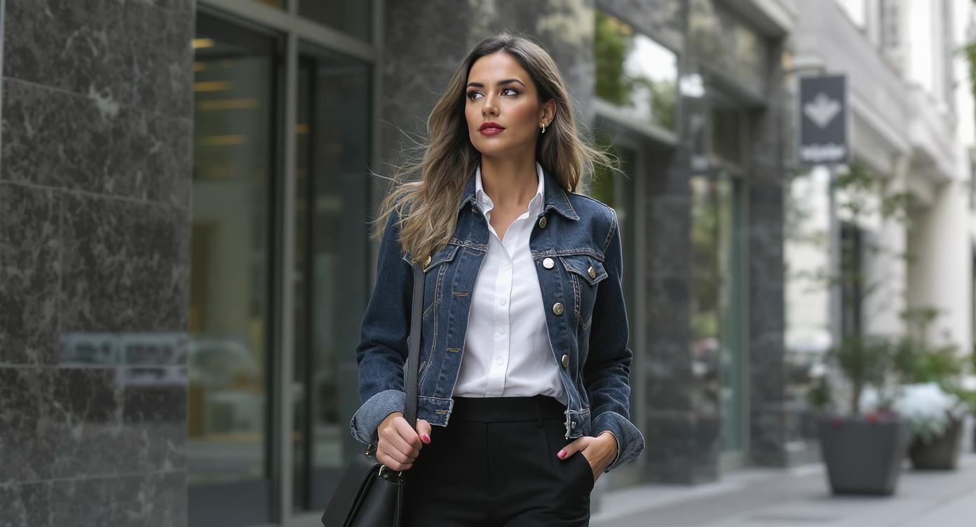 Business casual denim jacket outfit