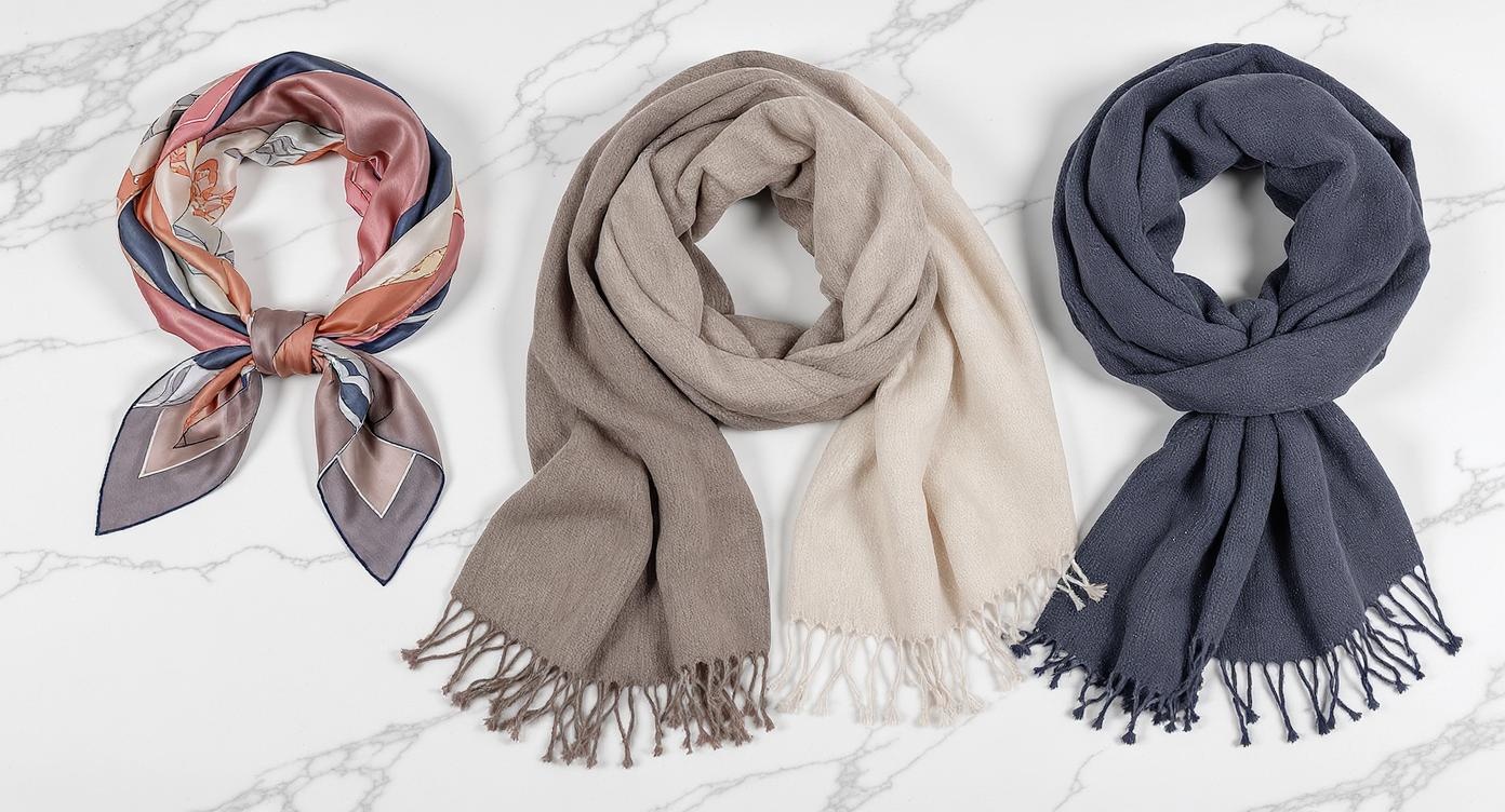Different types of scarves laid out - silk, cashmere, oversized
