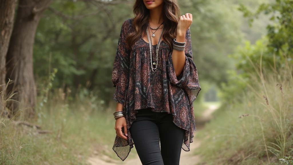 Boho black jeans outfit with flowy top