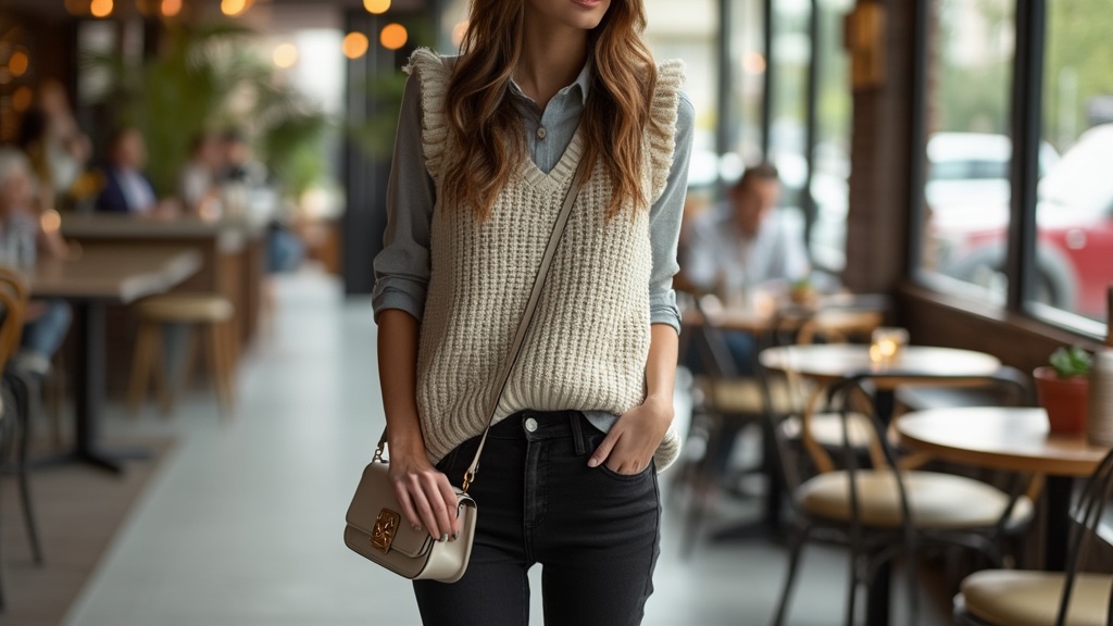 Brunch black jeans outfit with sweater vest