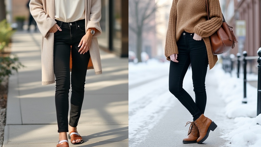 Seasonal black jeans styling