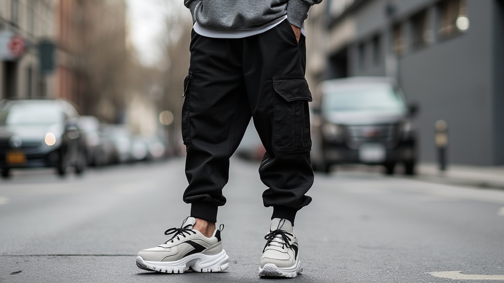 Athleisure cargo pants outfit with hoodie and sneakers