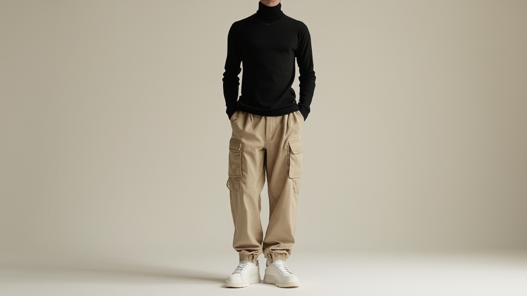 Minimalist cargo pants outfit with fitted turtleneck