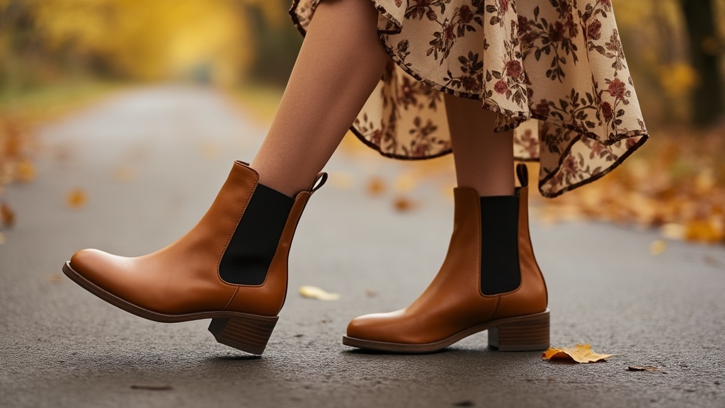 Woman wearing Chelsea boots with a midi dress