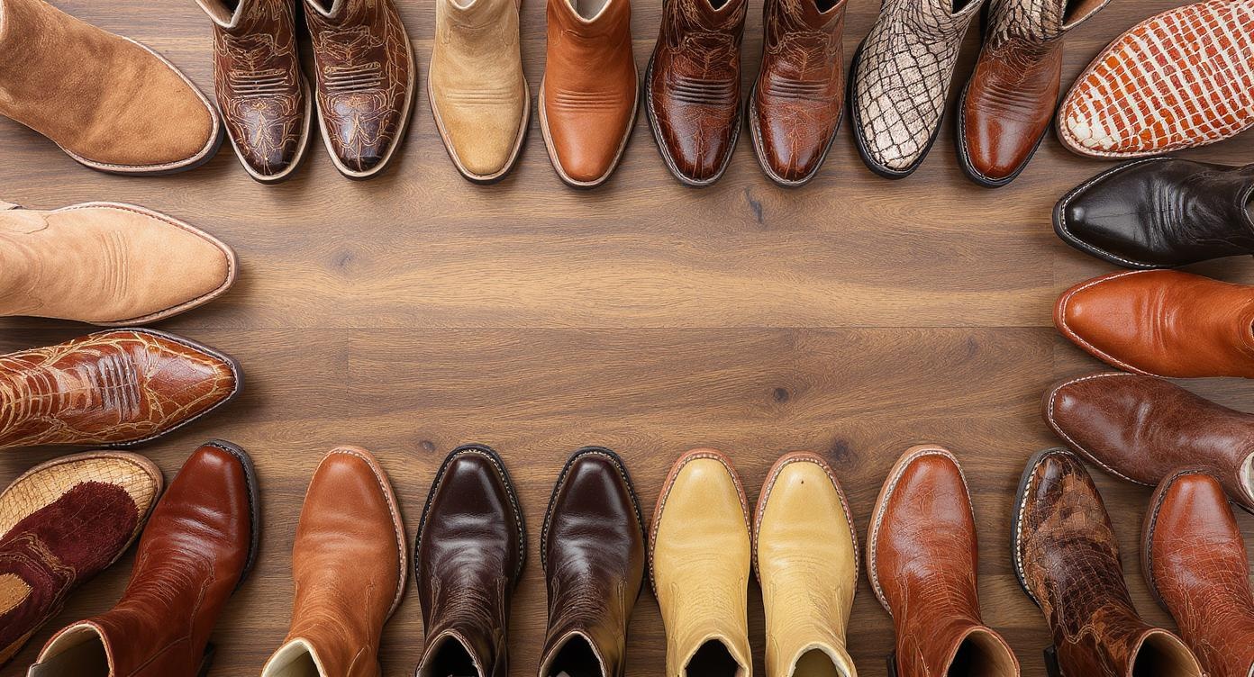 Various cowboy boot styles and materials displayed
