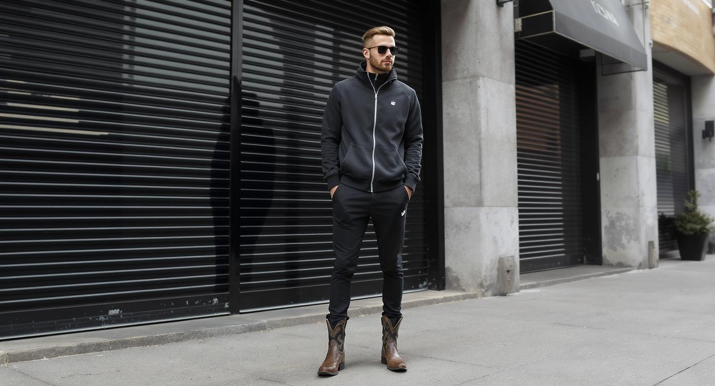 Modern sporty look with track jacket and cowboy boots