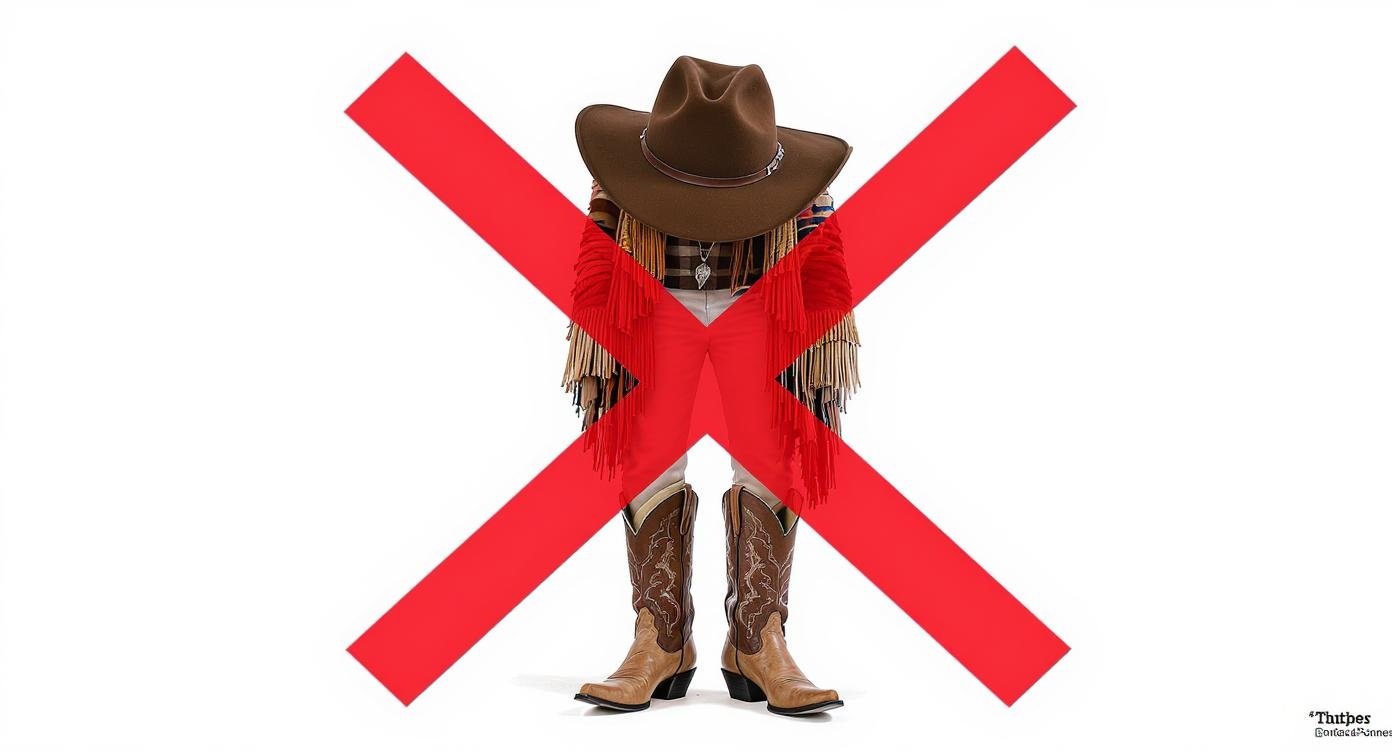 Woman wearing cowboy boots incorrectly with too many western elements