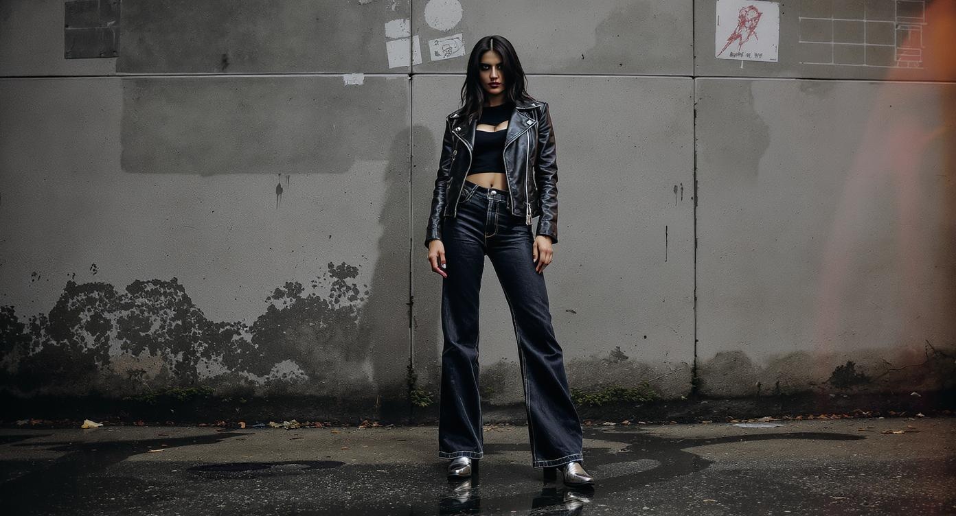 Edgy look with leather jacket, wide leg jeans and metallic cowboy boots