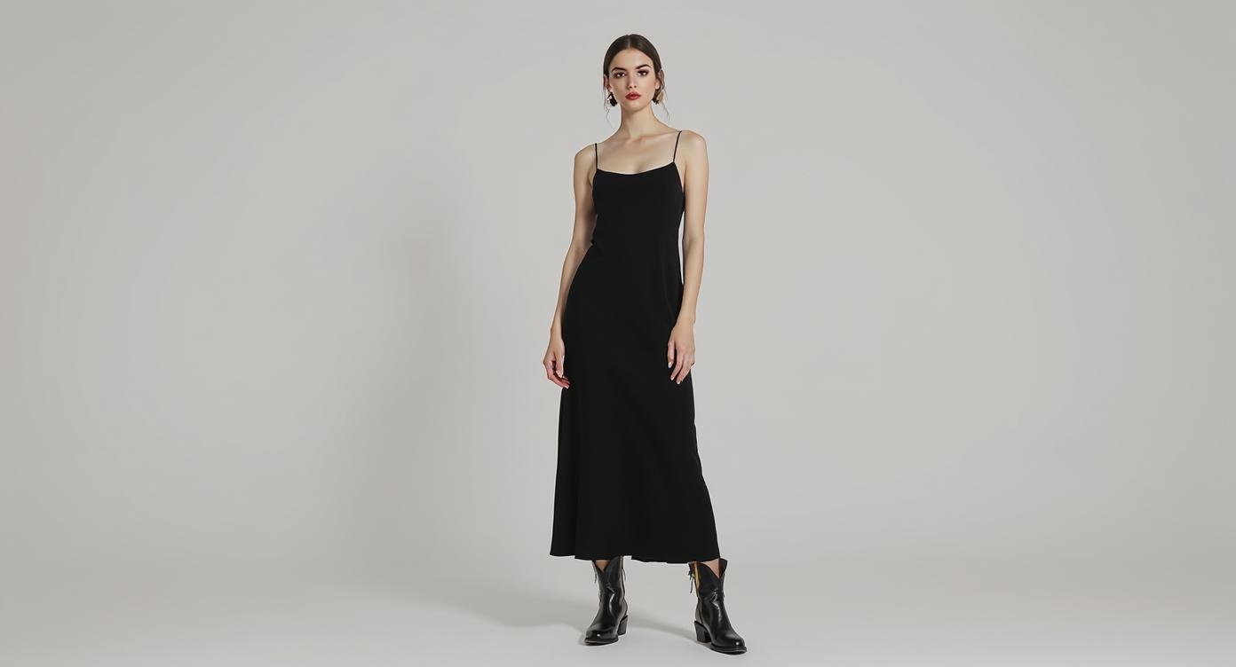 Model in simple slip dress with black cowboy boots