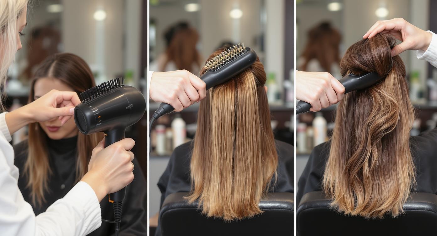 Step-by-step blow-drying technique demonstration with round brush