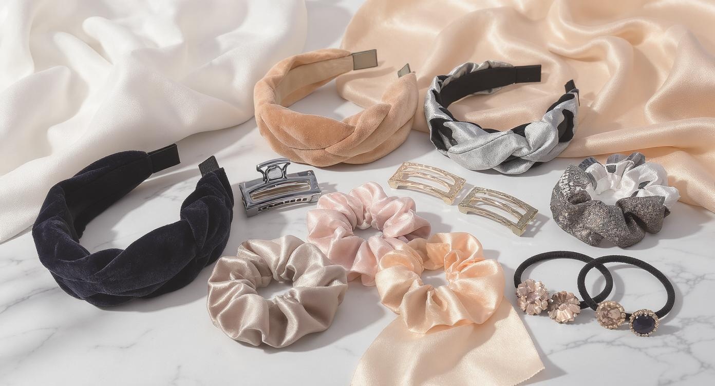 Collection of hair accessories including headbands, clips, and scrunchies