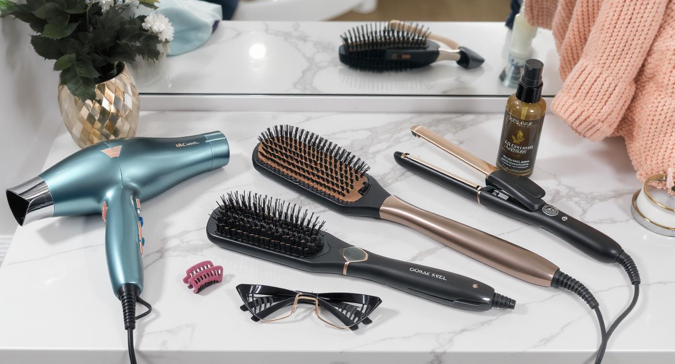 Hair styling essentials including brushes, blow dryer, and products on a clean vanity