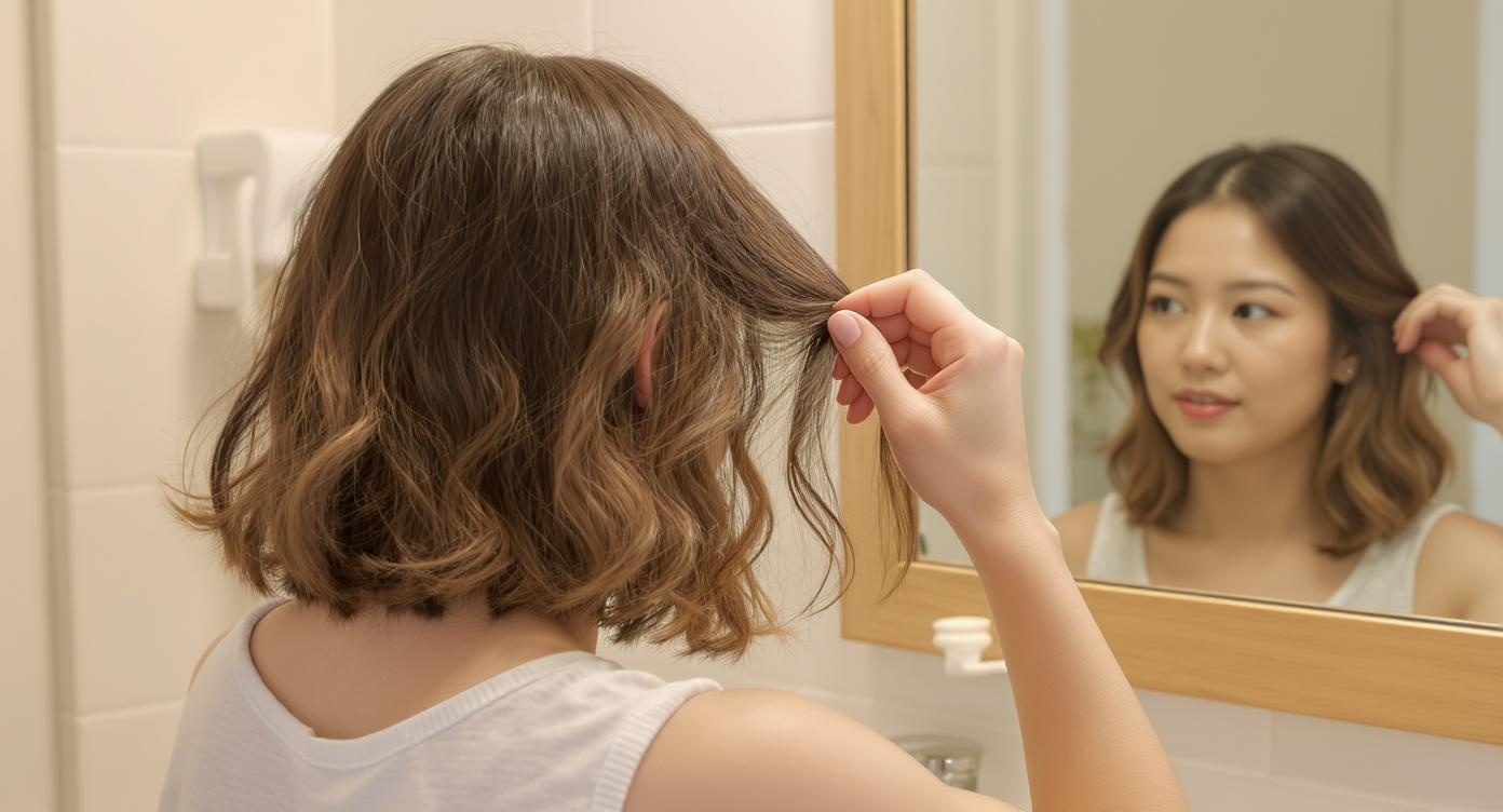 Person examining their hair type and texture in a mirror