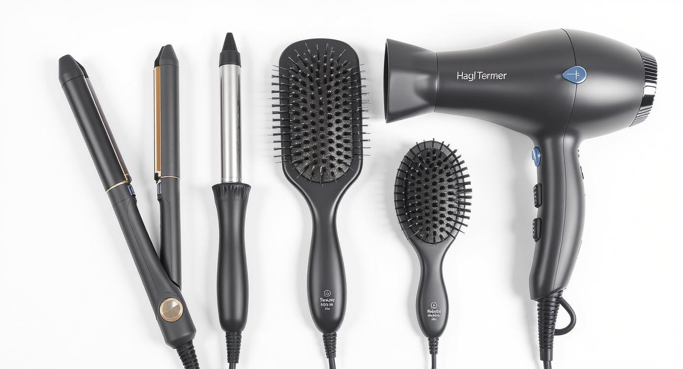 Professional hair styling tools laid out including blow dryer, flat iron, curling iron, and brushes