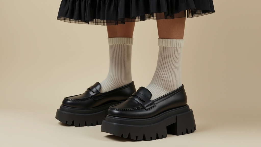 Chunky platform loafers with white socks and a miniskirt