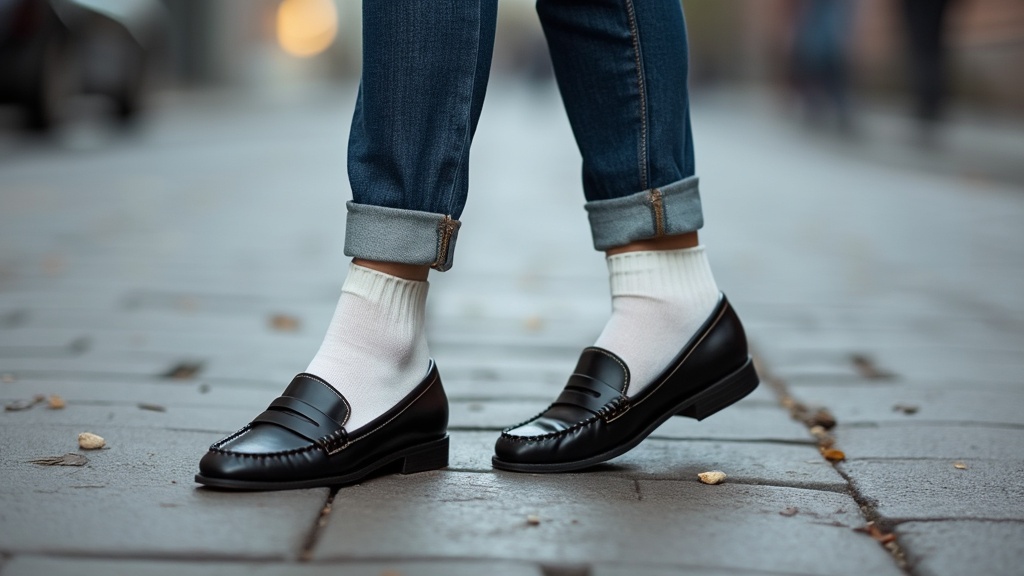 Women's loafers with cuffed jeans and white socks