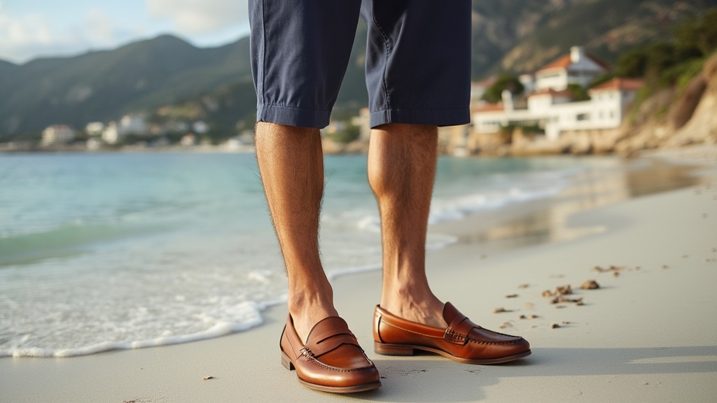 Men's loafers with tailored shorts and linen shirt