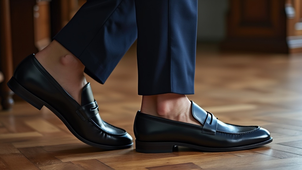 Men's penny loafers with a navy suit