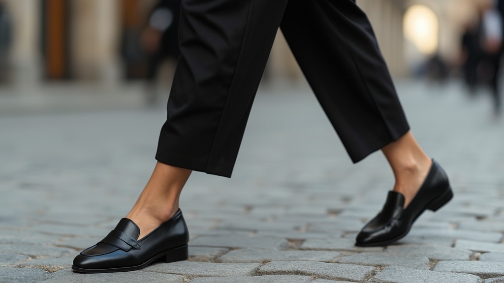 Women's loafers with tailored pants and blazer