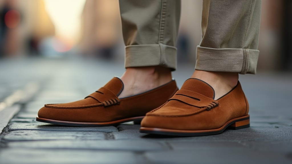 Suede loafers in brown with casual outfit