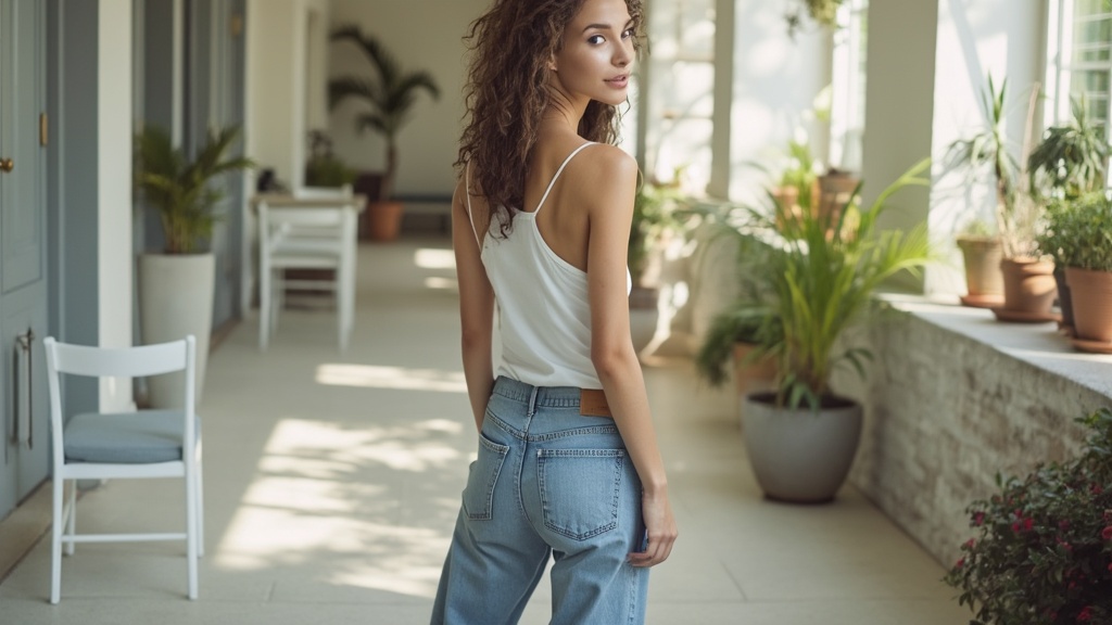 Mom jeans with white tank and sneakers