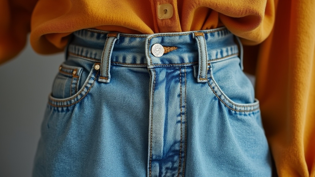 Close-up of mom jeans features and fit