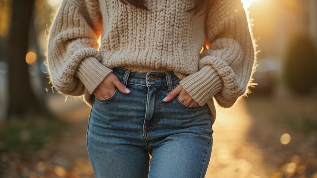 French tuck styling with mom jeans and sweater