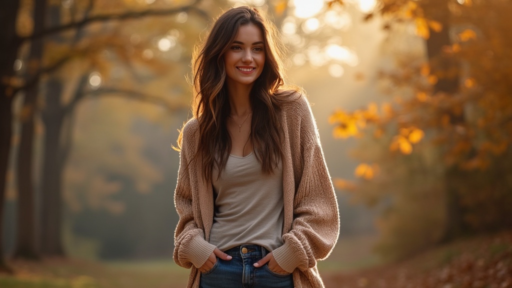 Mom jeans with layered cardigan and accessories