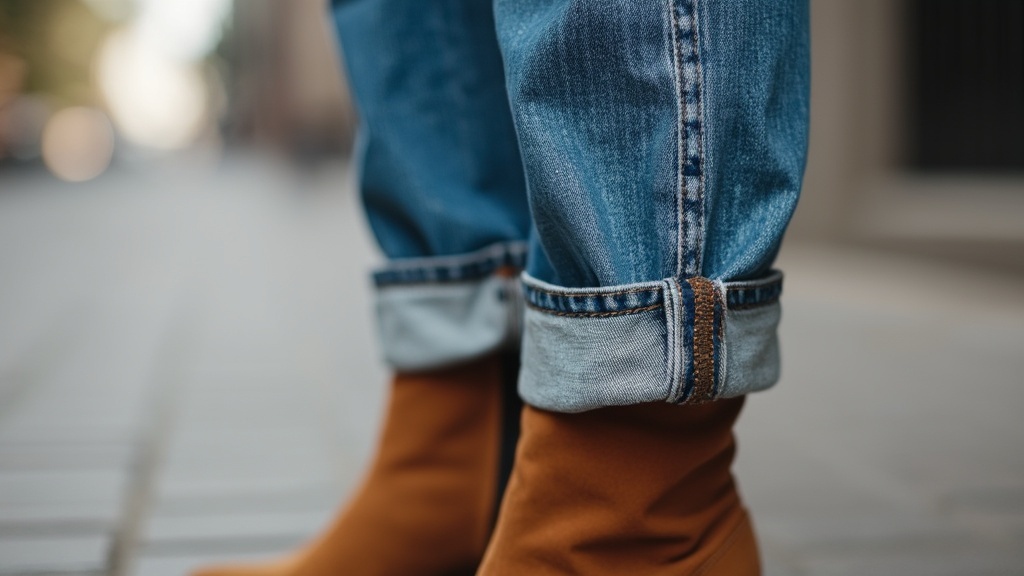 Mom jeans with rolled cuffs showing ankle boots