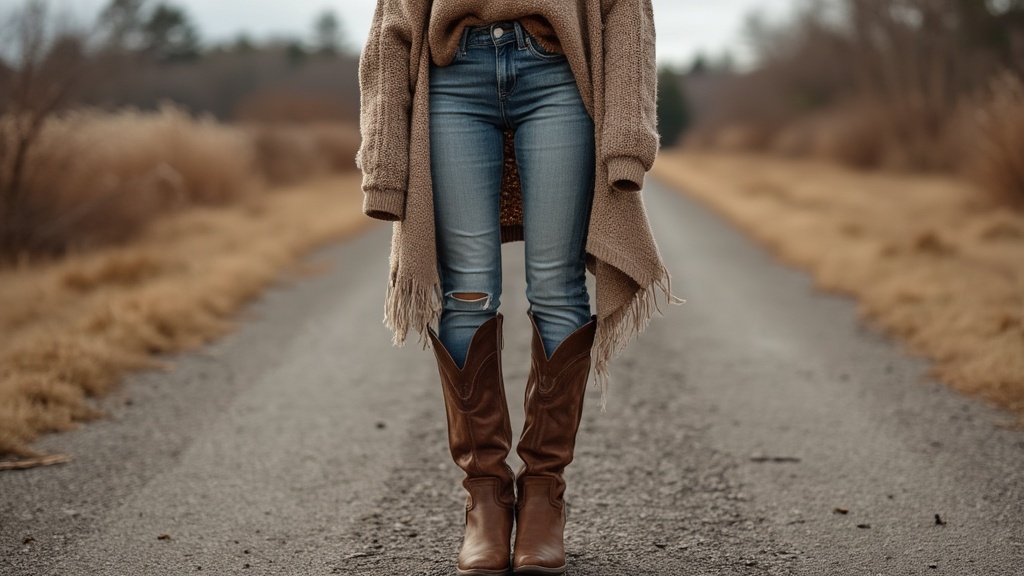 Mom jeans tucked into knee-high boots