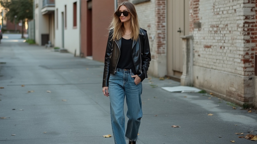 Casual weekend look with mom jeans and leather jacket