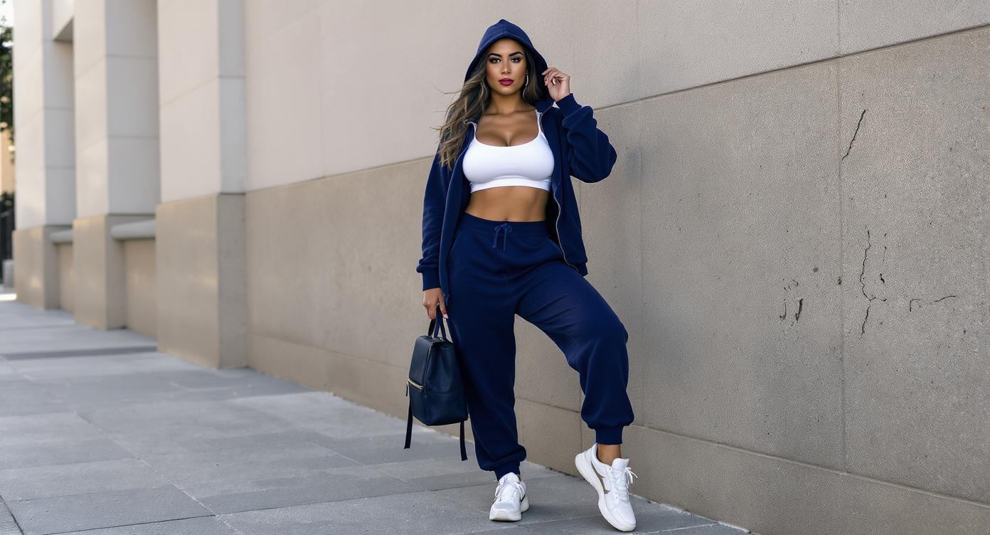 Sporty outfit with matching sweatpants set and athletic accessories