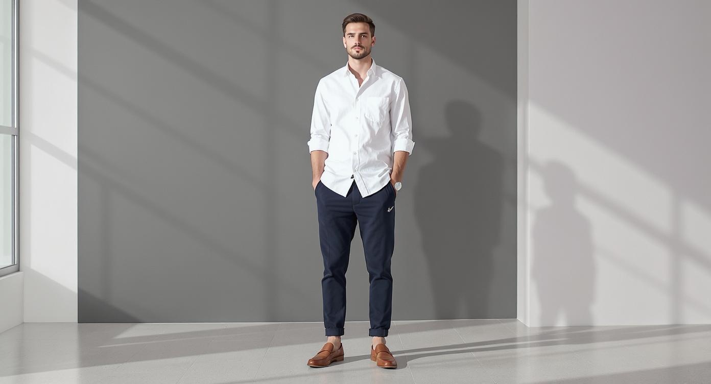 Crisp white button-down shirt styled with dark sweatpants