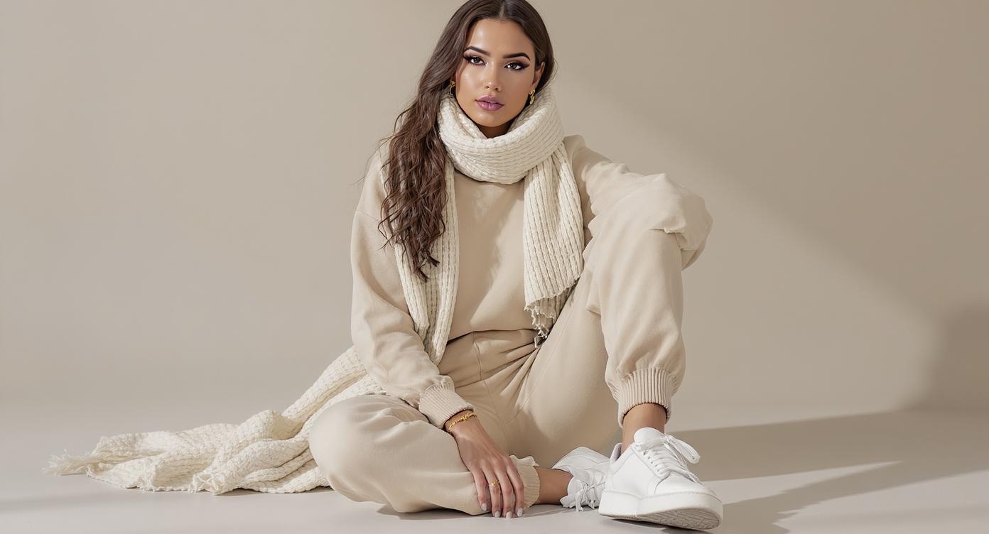 Coordinated sweatsuit in neutral beige with stylish accessories