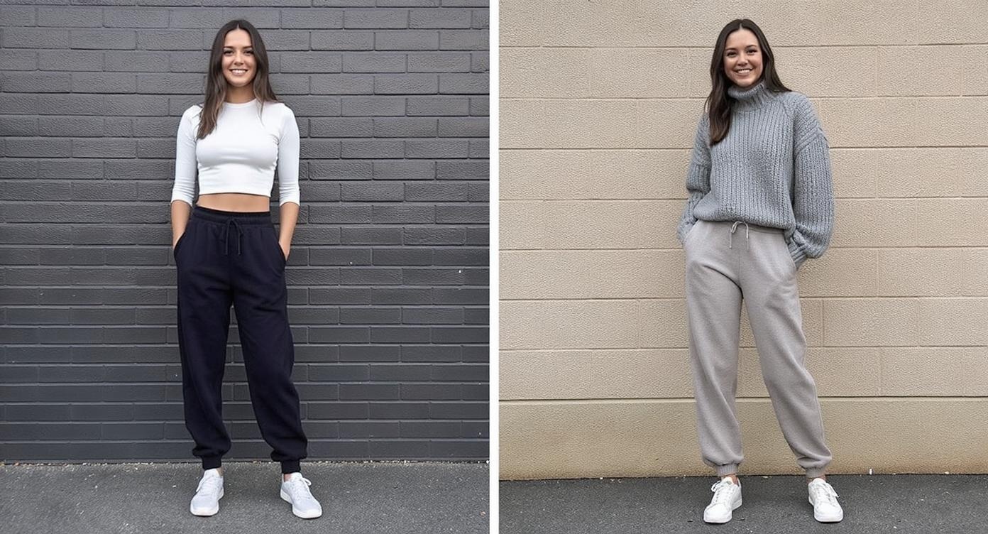 Comparison of oversized sweatpants with fitted top and fitted sweatpants with loose top