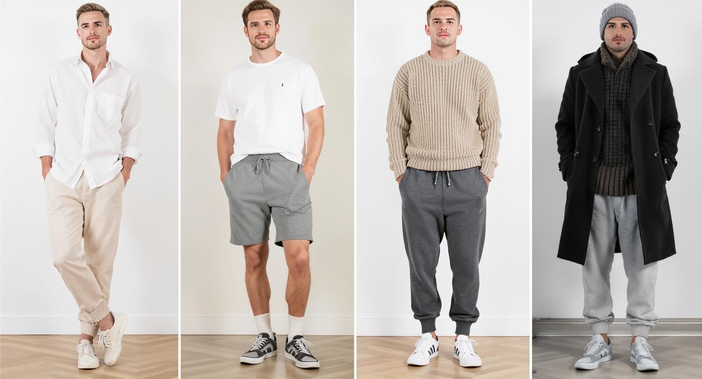 Four seasonal sweatpants outfits showing spring summer and fall winter styling