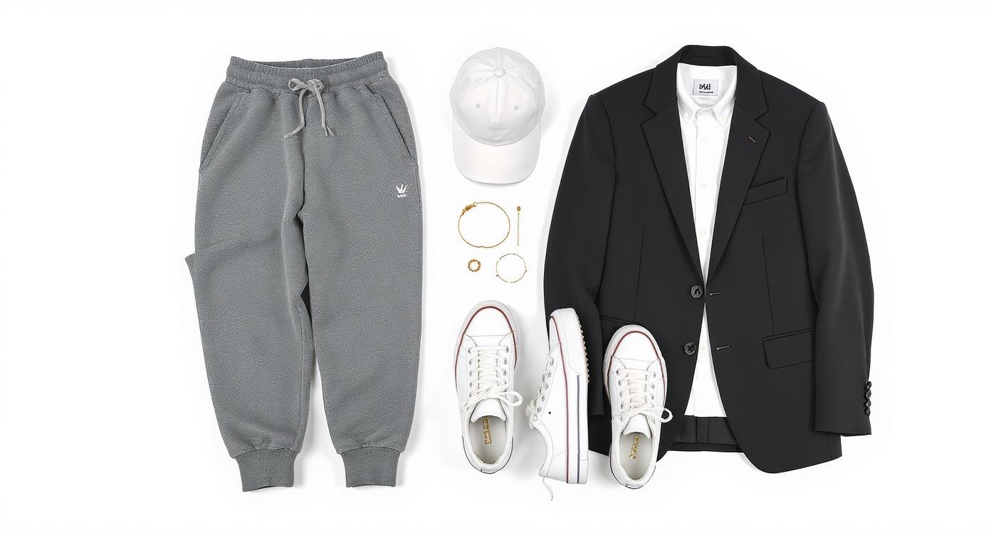 Essential sweatpants styling items laid out