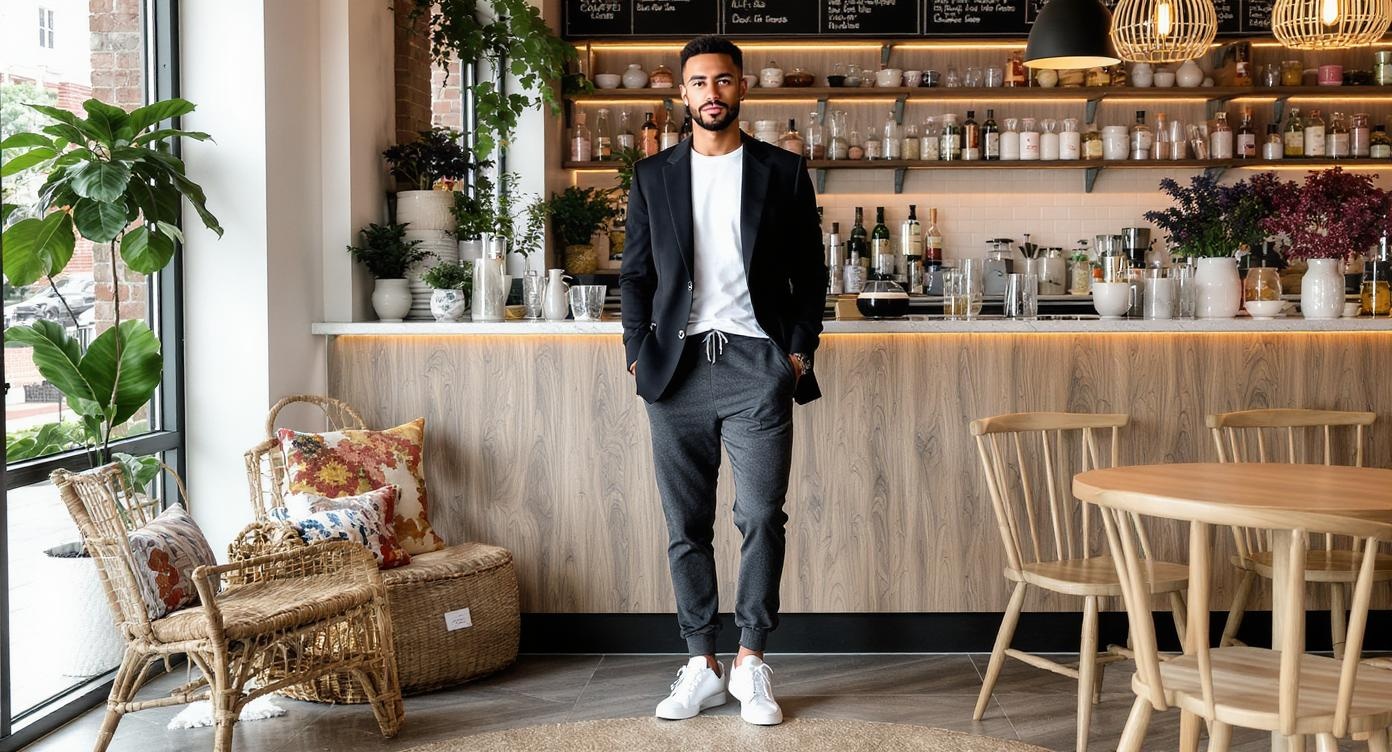 Person wearing gray sweatpants with tailored black blazer and white sneakers