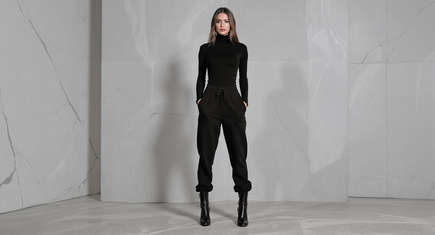 High-heeled boots paired with sleek black sweatpants and fitted top