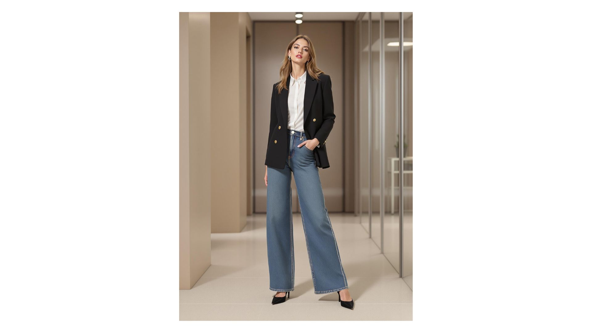 Blazer with wide leg jeans