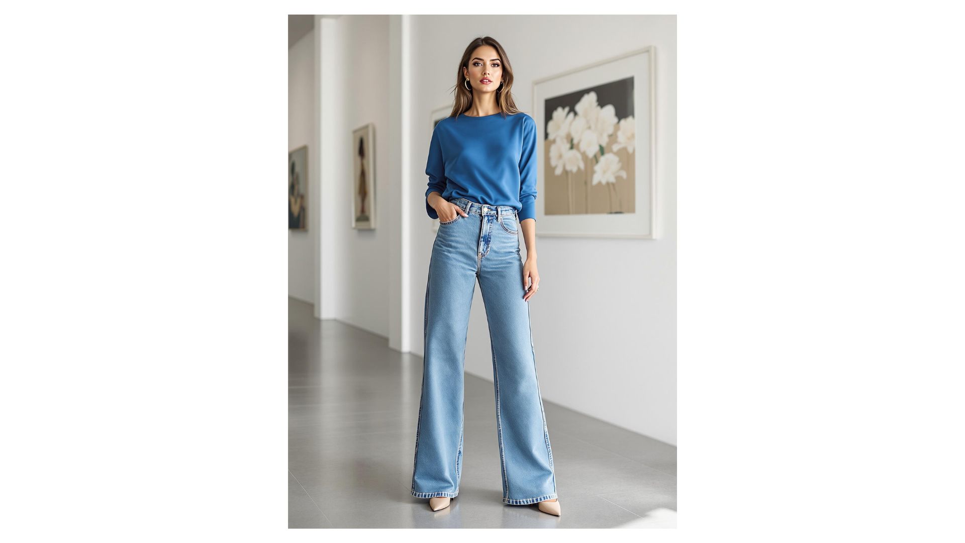 Monochromatic look with wide leg jeans