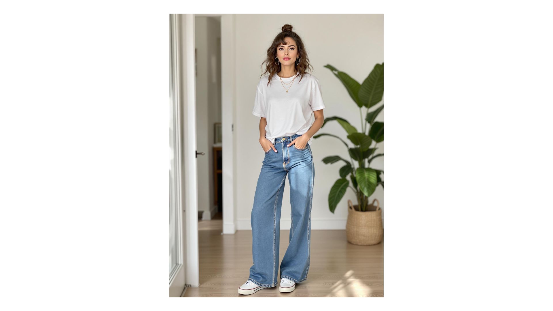 Classic white tee with wide leg jeans